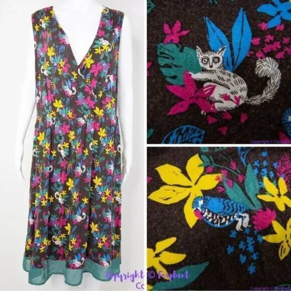 Modcloth Jungle Print Knit Dress, white cat blue bird,‎ ring tailed lemur, XL - Picture 2 of 16